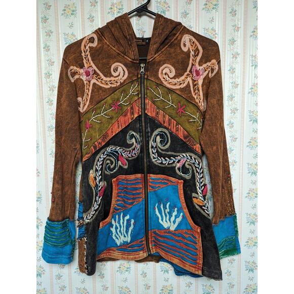 Rising International Jacket WOMENS SIZE M Full Zip Hoodie Boho Rust Nepal Hippie - Picture 7 of 10